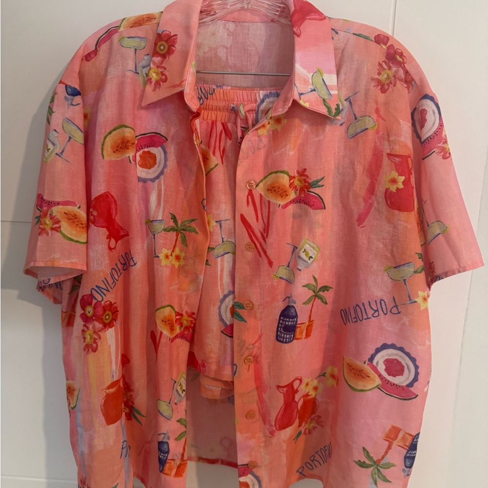 Vibrant Pink Tropical Print Shirt Shorts Set